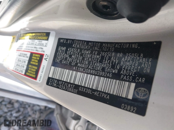 2011 Toyota Avalon with VIN 4T1BK3DB8BU399246, listed as a IAAI auction lot 41579012 with 170,644 mi miles. Bid and sale history available at carsss.com. Image 9.