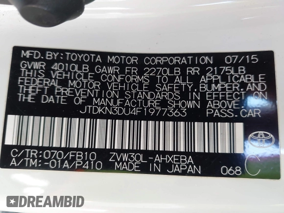 2015 Toyota Prius Four with VIN JTDKN3DU4F1977363, listed as a IAAI auction lot 42283570 with 185,992 mi miles and . Bid and sale history available at DreamBid. Image 9.