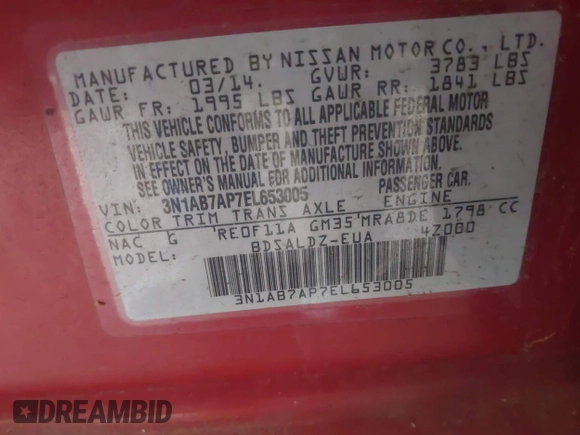 2014 Nissan Sentra SV with VIN 3N1AB7AP7EL653005, listed as a IAAI auction lot 42530708 with 164,017 mi miles and . Bid and sale history available at DreamBid. Image 9.