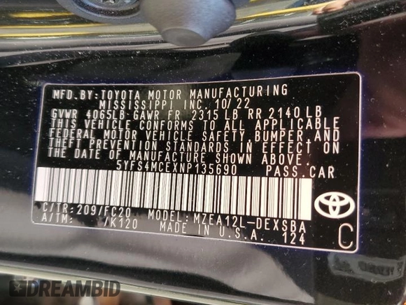 2022 Toyota Corolla SE with VIN 5YFS4MCEXNP135690, listed as a Copart auction lot 49726355 with 15,140 mi miles and Salvage Title. Bid and sale history available at carsss.com. Image 12.