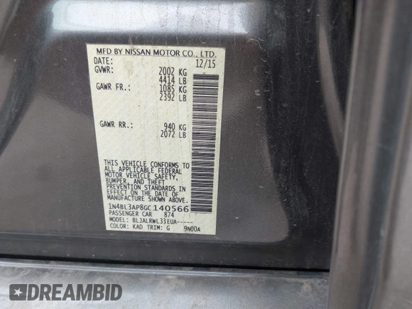 2016 Nissan Altima SL with VIN 1N4BL3AP8GC140566, listed as a IAAI auction lot 41423491 with 83,776 mi miles and . Bid and sale history available at DreamBid. Image 9.