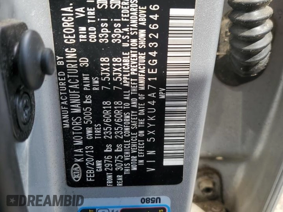 2014 Kia Sorento EX with VIN 5XYKU4A71EG432646, listed as a Copart auction lot 60414425 with 122,238 mi miles and Clean title. Bid and sale history available at DreamBid. Image 13.