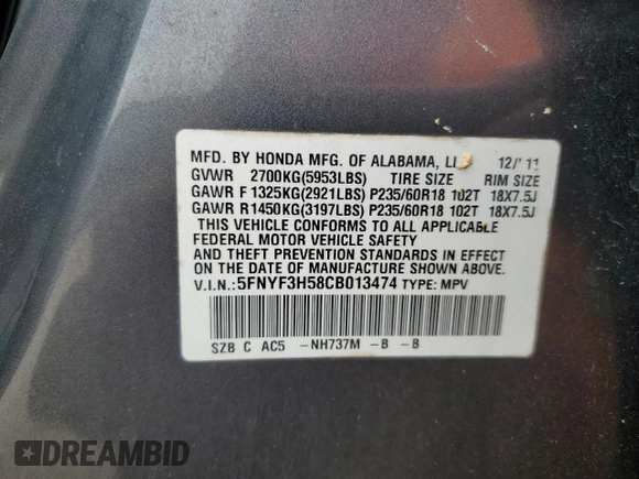 2012 Honda Pilot EX-L with VIN 5FNYF3H58CB013474, listed as a Copart auction lot 47058205 with 142,766 mi miles and Salvage Title. Bid and sale history available at carsss.com. Image 15.