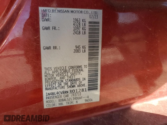 2024 Nissan Altima 2.5 SR with VIN 1N4BL4CV8RN301281, listed as a Copart auction lot 46135275 with 39,928 mi miles and Salvage Title. Bid and sale history available at carsss.com. Image 14.