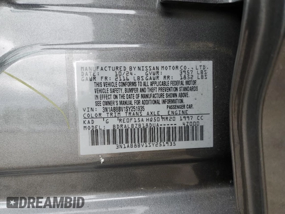 2025 Nissan Sentra S z VIN 3N1AB8BV1SY251935, wystawiony jako Copart lot #57701305 z przebiegiem 7 311 mil mil oraz Szkoda całkowita • Salvage title. Historia ofert i sprzedaży dostępna na DreamBid. Obrazek 12.