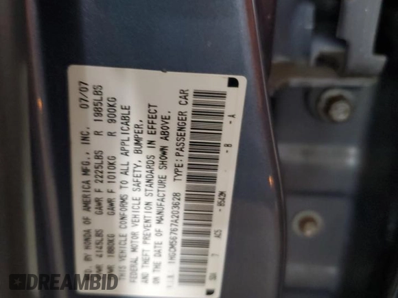 2007 Honda Accord EX с VIN 1HGCM56767A203628, выставлен на аукционе Copart как лот 54379755 с пробегом 106 556 миль миль и Списание • Salvage title. История ставок и продаж доступна на DreamBid. Изображение 12.
