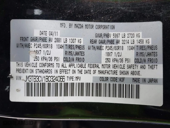2011 Mazda CX-9 Touring with VIN JM3TB3CV1B0324066, listed as a IAAI auction lot 41430363 with 157,788 mi miles. Bid and sale history available at carsss.com. Image 9.