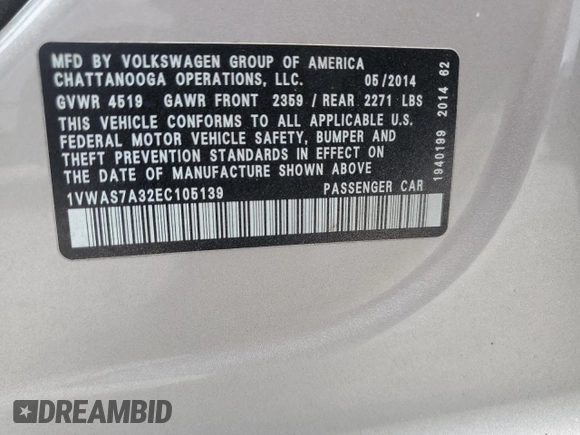 2014 Volkswagen Passat Wolfsburg Edition with VIN 1VWAS7A32EC105139, listed as a Copart auction lot 61187895 with 139,191 mi miles and Clean title. Bid and sale history available at DreamBid. Image 12.