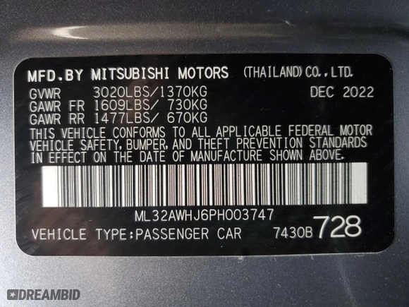 2023 Mitsubishi Mirage Black Edition with VIN ML32AWHJ6PH003747, listed as a Copart auction lot 86832304 with 18034 miles and Clean Title. Bid and sale history available at carsss.com. Image 13.