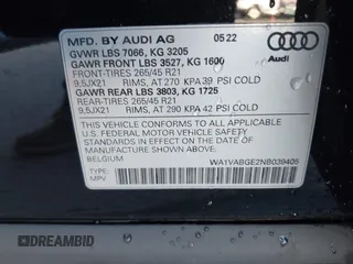 2022 Audi e-tron Chronos with VIN WA1VABGE2NB039405, listed as a IAAI auction lot 41360899 with 36,289 mi miles. Bid and sale history available at carsss.com. Image 9.