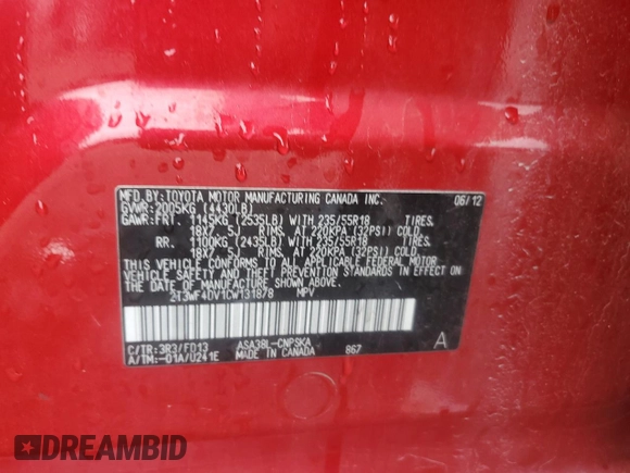 2012 Toyota RAV4 Sport with VIN 2T3WF4DV1CW131878, listed as a Copart auction lot 59715895 with 156,264 mi miles and Salvage title. Bid and sale history available at DreamBid. Image 14.