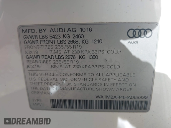 2017 Audi Q5 Premium Plus with VIN WA1M2AFP4HA068999, listed as a IAAI auction lot 42133168 with 62,496 mi miles and . Bid and sale history available at DreamBid. Image 9.