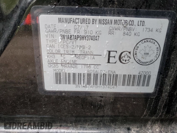 2017 Nissan Sentra SV with VIN 3N1AB7AP9HY374047, listed as a Copart auction lot 61791785 with 154,194 mi miles and Salvage title. Bid and sale history available at DreamBid. Image 12.