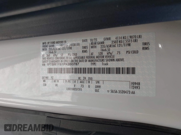 2023 Ford Transit Cargo with VIN 1FTBR1Y81PKB93787, listed as a IAAI auction lot 41253973 with 16,058 mi miles and . Bid and sale history available at DreamBid. Image 9.