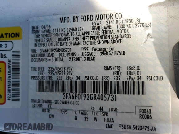 2016 Ford Fusion SE with VIN 3FA6P0T92GR405731, listed as a Copart auction lot 74537964 with 50,983 mi miles and Salvage Title. Bid and sale history available at carsss.com. Image 13.
