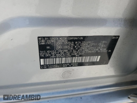 2010 Toyota RAV4 Limited z VIN JTMYF4DV3AD016055, wystawiony jako Copart lot #61856835 z przebiegiem 202 832 mil mil oraz Szkoda całkowita • Salvage title. Historia ofert i sprzedaży dostępna na DreamBid. Obrazek 13.