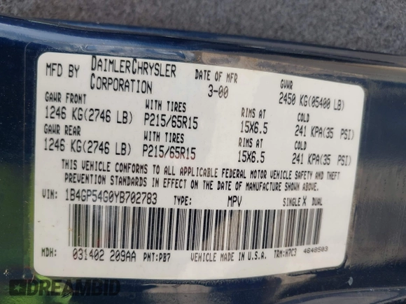 2000 Dodge Grand Caravan z VIN 1B4GP54G0YB702783, wystawiony jako IAAI lot #42447313 z przebiegiem 285 002 mil mil oraz . Historia ofert i sprzedaży dostępna na DreamBid. Obrazek 9.