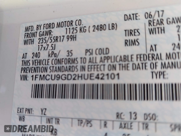 2017 Ford Escape SE with VIN 1FMCU9GD2HUE42101, listed as a IAAI auction lot 41898294 with 101,014 mi miles. Bid and sale history available at carsss.com. Image 9.