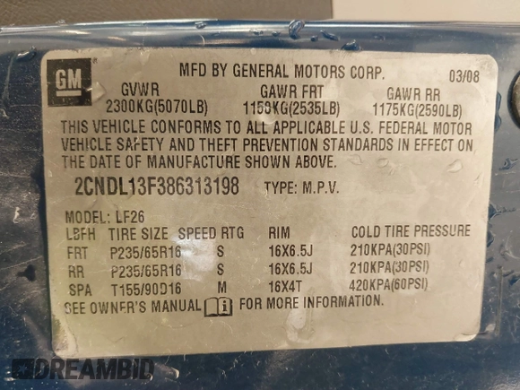 2008 Chevrolet Equinox LS with VIN 2CNDL13F386313198, listed as a IAAI auction lot 41684305 with 123,683 mi miles. Bid and sale history available at carsss.com. Image 9.