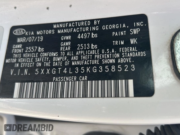 2019 Kia Optima LX with VIN 5XXGT4L35KG358523, listed as a Copart auction lot 55099505 with 114,034 mi miles and Clean Title. Bid and sale history available at carsss.com. Image 10.