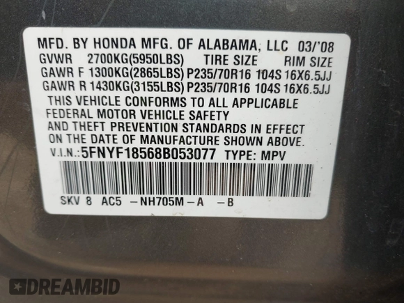 2008 Honda Pilot EX-L with VIN 5FNYF18568B053077, listed as a IAAI auction lot 42195911 with 313,879 mi miles and . Bid and sale history available at DreamBid. Image 9.