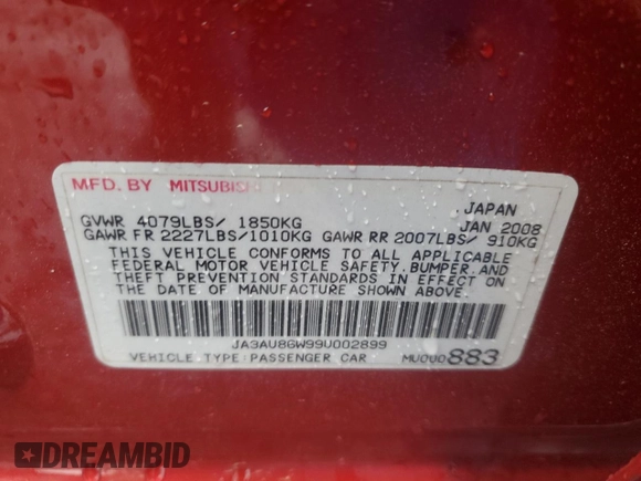 2009 Mitsubishi Lancer GTS with VIN JA3AU86W99U002899, listed as a Copart auction lot 52886455 with 174,184 mi miles and Salvage Title. Bid and sale history available at carsss.com. Image 14.