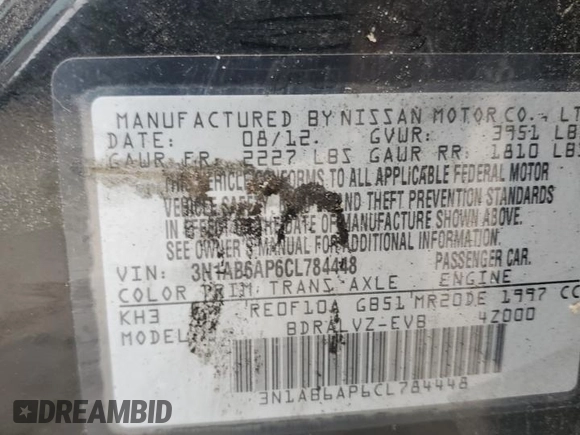 2012 Nissan Sentra SL with VIN 3N1AB6AP6CL784448, listed as a Copart auction lot 60793415 with 126,356 mi miles and Salvage title. Bid and sale history available at DreamBid. Image 13.
