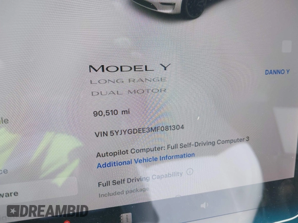 2021 Tesla Model Y Long Range with VIN 5YJYGDEE3MF081304, listed as a IAAI auction lot 41706240 with 90,510 mi miles and . Bid and sale history available at DreamBid. Image 7.