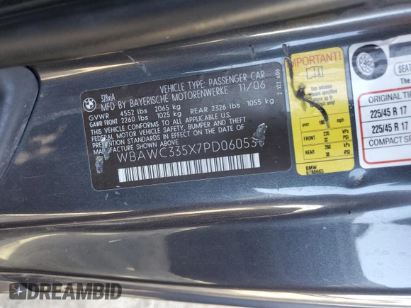 2007 BMW 3 Series 328xi with VIN WBAWC335X7PD06053, listed as a Copart auction lot 76613474 with 196,030 mi miles and Clean Title. Bid and sale history available at DreamBid. Image 12.