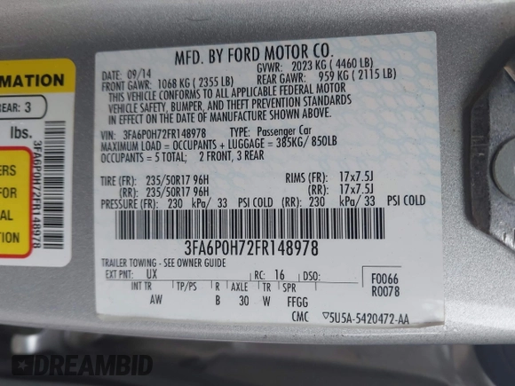 2015 Ford Fusion SE with VIN 3FA6P0H72FR148978, listed as a IAAI auction lot 41942650 with 108,469 mi miles and . Bid and sale history available at DreamBid. Image 9.