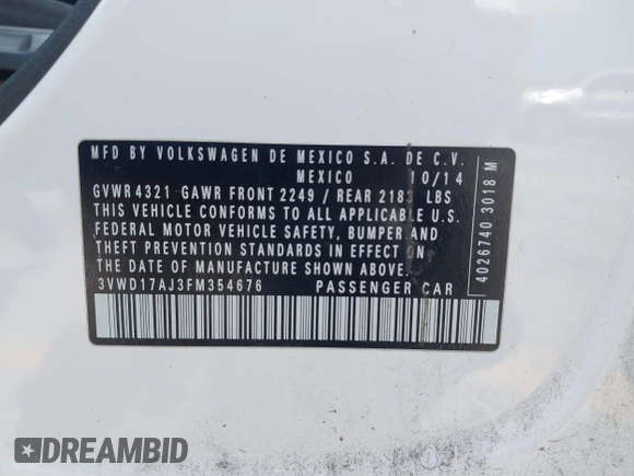 2015 Volkswagen Jetta SE с VIN 3VWD17AJ3FM354676, выставлен на аукционе IAAI как лот 42324721 с пробегом 122 763 миль миль и . История ставок и продаж доступна на DreamBid. Изображение 9.