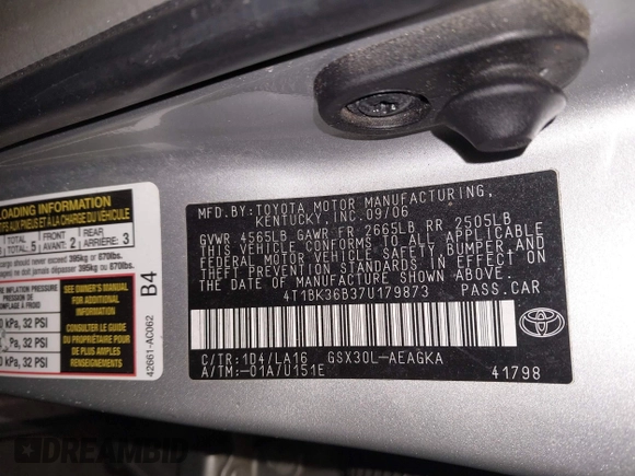 2007 Toyota Avalon XL with VIN 4T1BK36B37U179873, listed as a IAAI auction lot 41023730 with 162,735 mi miles and . Bid and sale history available at DreamBid. Image 9.