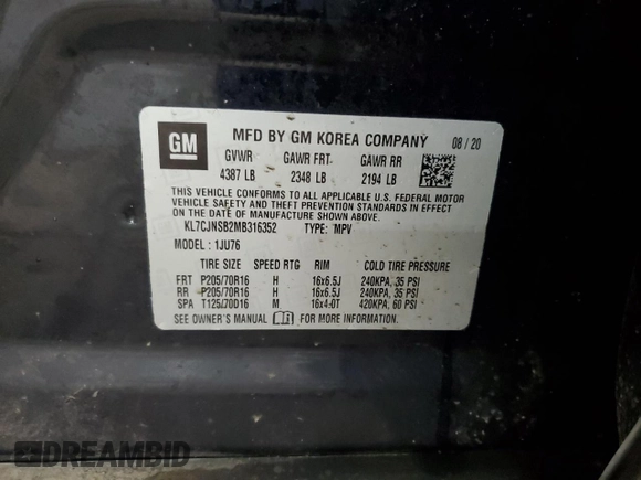 2021 Chevrolet Trax LS with VIN KL7CJNSB2MB316352, listed as a Copart auction lot 45127145 with 57,640 mi miles and Salvage Title. Bid and sale history available at carsss.com. Image 15.