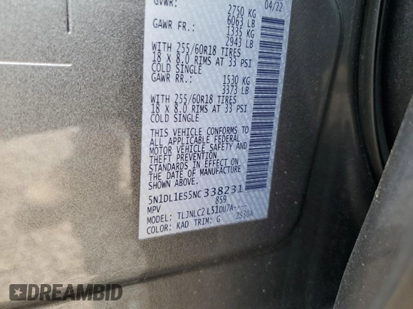 2022 Infiniti QX60 Pure with VIN 5N1DL1ES5NC338231, listed as a Copart auction lot 60042735 with 37,945 mi miles and Salvage title. Bid and sale history available at DreamBid. Image 13.