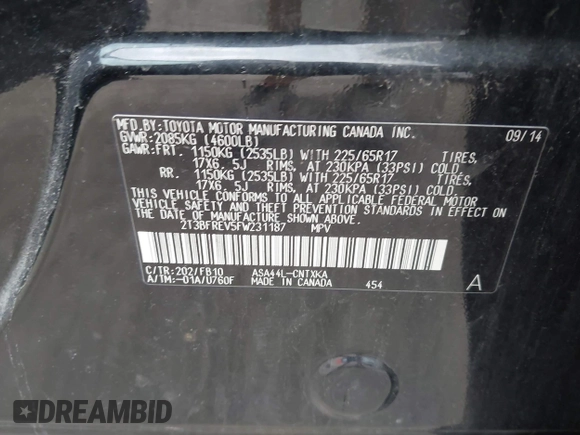 2015 Toyota RAV4 LE with VIN 2T3BFREV5FW231187, listed as a IAAI auction lot 42629536 with 222,952 mi miles and . Bid and sale history available at DreamBid. Image 9.