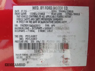2006 Ford Freestyle SE with VIN 1FMZK01156GA03013, listed as a IAAI auction lot 42793408 with 172,090 mi miles and . Bid and sale history available at DreamBid. Image 9.