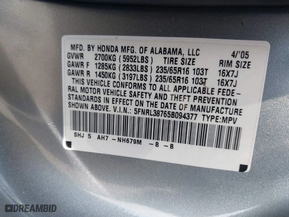 2005 Honda Odyssey EX-L with VIN 5FNRL38765B094377, listed as a IAAI auction lot 41933616 with 213,979 mi miles. Bid and sale history available at carsss.com. Image 9.