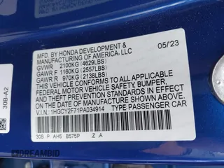 2023 Honda Accord Sport-L with VIN 1HGCY2F71PA034914, listed as a IAAI auction lot 42462123 with 20,184 mi miles and . Bid and sale history available at DreamBid. Image 9.