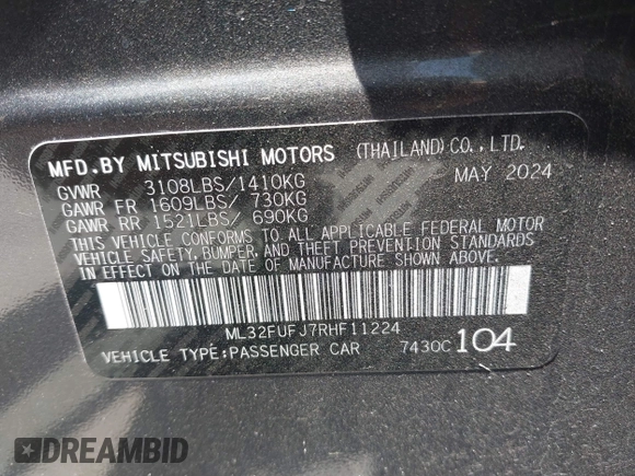 2024 Mitsubishi Mirage ES z VIN ML32FUFJ7RHF11224, wystawiony jako IAAI lot #42165793 z przebiegiem 6726 mil mil oraz . Historia ofert i sprzedaży dostępna na DreamBid. Obrazek 9.
