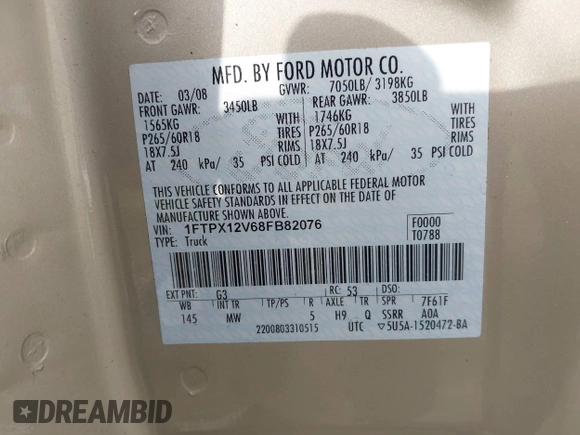 2008 Ford F-150 XL with VIN 1FTPX12V68FB82076, listed as a IAAI auction lot 42106845 with 169,406 mi miles and . Bid and sale history available at DreamBid. Image 9.