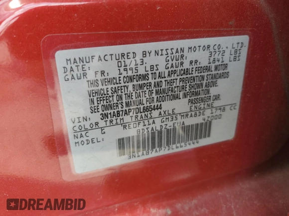 2013 Nissan Sentra SV with VIN 3N1AB7AP7DL665444, listed as a Copart auction lot 52626245 with 139,353 mi miles and Salvage Title. Bid and sale history available at carsss.com. Image 14.
