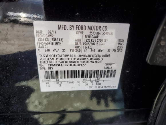 2017 Ford Edge SEL with VIN 2FMPK4J97HBC58177, listed as a Copart auction lot 51791545 with 91,119 mi miles and Clean Title. Bid and sale history available at carsss.com. Image 13.