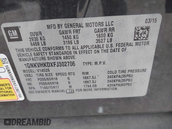 2015 Chevrolet Traverse LT with VIN 1GNKVHKDXFJ302706, listed as a IAAI auction lot 40741471 with 72,153 mi miles and . Bid and sale history available at DreamBid. Image 9.