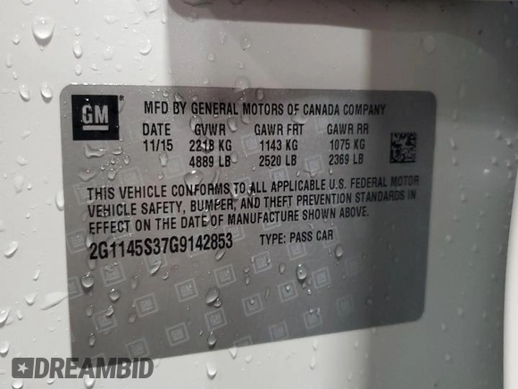 2016 Chevrolet Impala LTZ z VIN 2G1145S37G9142853, wystawiony jako Copart lot #57564675 z przebiegiem 153 596 mil mil oraz Szkoda całkowita • Salvage title. Historia ofert i sprzedaży dostępna na DreamBid. Obrazek 12.