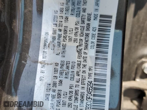 2015 Mazda CX-9 Touring with VIN JM3TB3CV3F0455294, listed as a Copart auction lot 62056495 with Not provided miles and Salvage title. Bid and sale history available at DreamBid. Image 14.