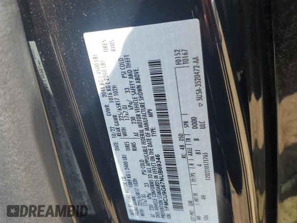 2022 Ford Escape SE z VIN 1FMCU9G67NUB69346, wystawiony jako Copart lot #63013015 z przebiegiem Nie podano mil oraz Czysty tytuł • Clean title. Historia ofert i sprzedaży dostępna na DreamBid. Obrazek 13.