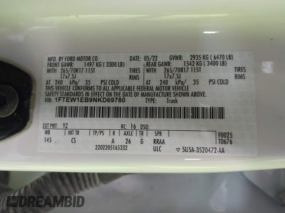 2022 Ford F-150 XL z VIN 1FTEW1EB9NKD69780, wystawiony jako IAAI lot #42572005 z przebiegiem Nie podano mil oraz . Historia ofert i sprzedaży dostępna na DreamBid. Obrazek 8.