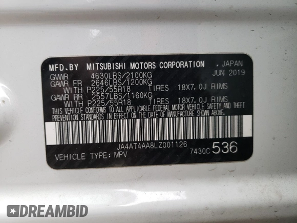 2020 Mitsubishi Eclipse Cross LE with VIN JA4AT4AA8LZ001126, listed as a Copart auction lot 51175744 with 76,296 mi miles and Salvage title. Bid and sale history available at DreamBid. Image 15.