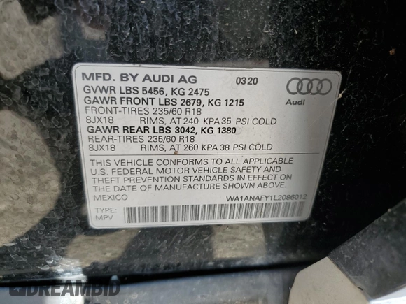 2020 Audi Q5 Premium with VIN WA1ANAFY1L2086012, listed as a Copart auction lot 64361805 with Not provided miles and Salvage title. Bid and sale history available at DreamBid. Image 12.