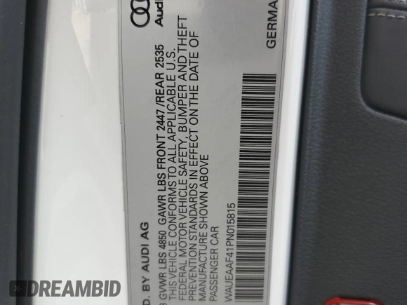 2023 Audi A4 S line Premium Plus with VIN WAUEAAF41PN015815, listed as a Copart auction lot 51277405 with 46,576 mi miles and Salvage Title. Bid and sale history available at DreamBid. Image 12.